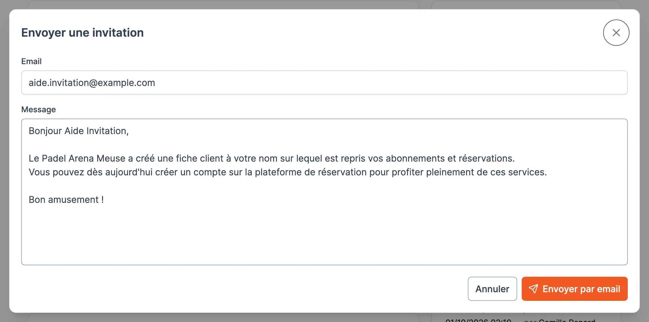La fenêtre Envoyer une invitation, avec l’adresse e-mail et le message