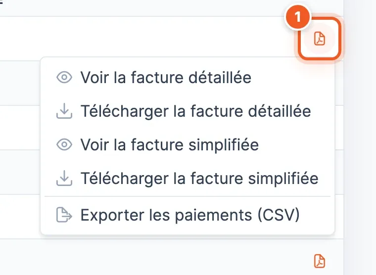 Menu d'un virement (1) : voir ou télécharger la facture détaillée, voir ou télécharger la facture simplifiée, exporter les paiements (CSV)