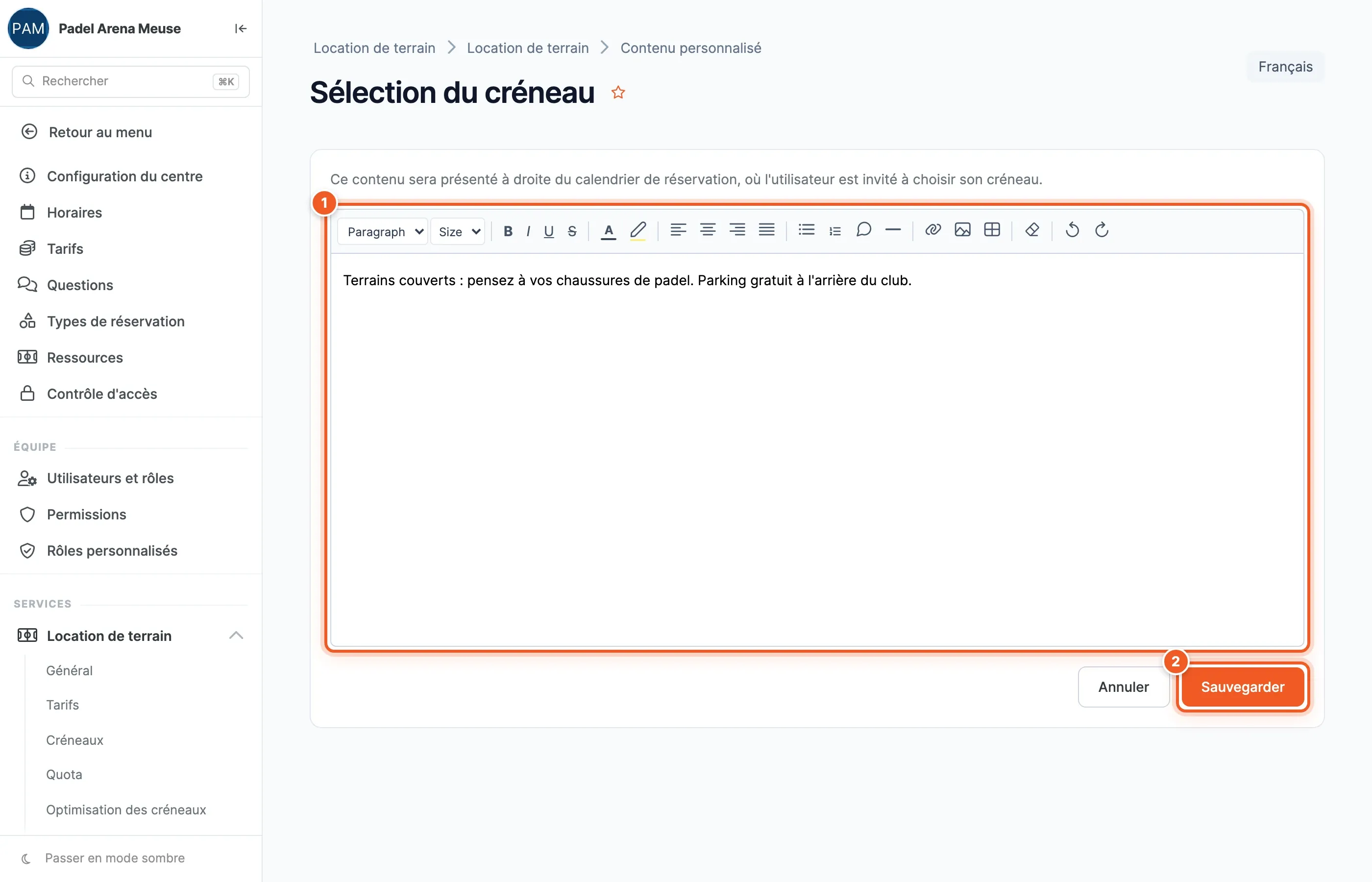 Éditeur du texte Sélection du créneau en français, avec la barre de mise en forme et un exemple de message (1), et le bouton Sauvegarder (2)
