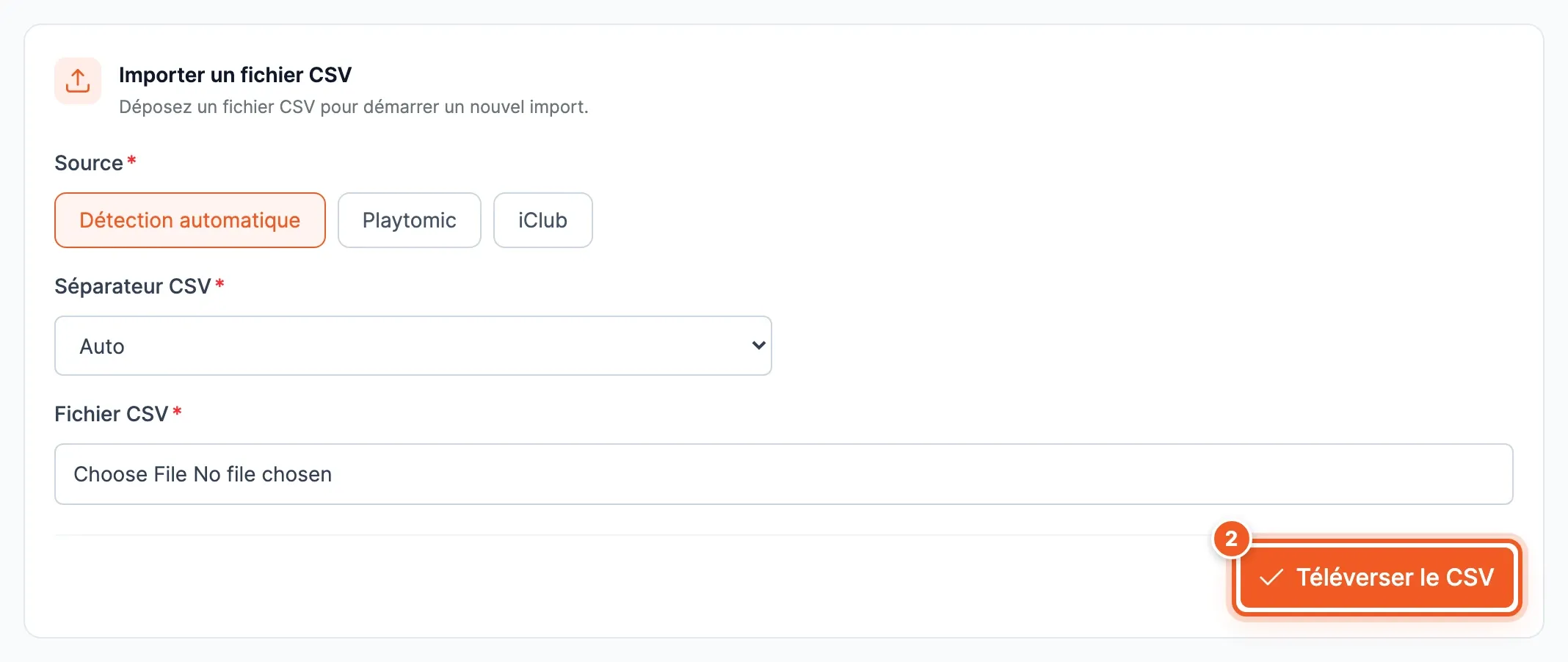 Le formulaire Importer un fichier CSV : source, séparateur, fichier et bouton Téléverser le CSV