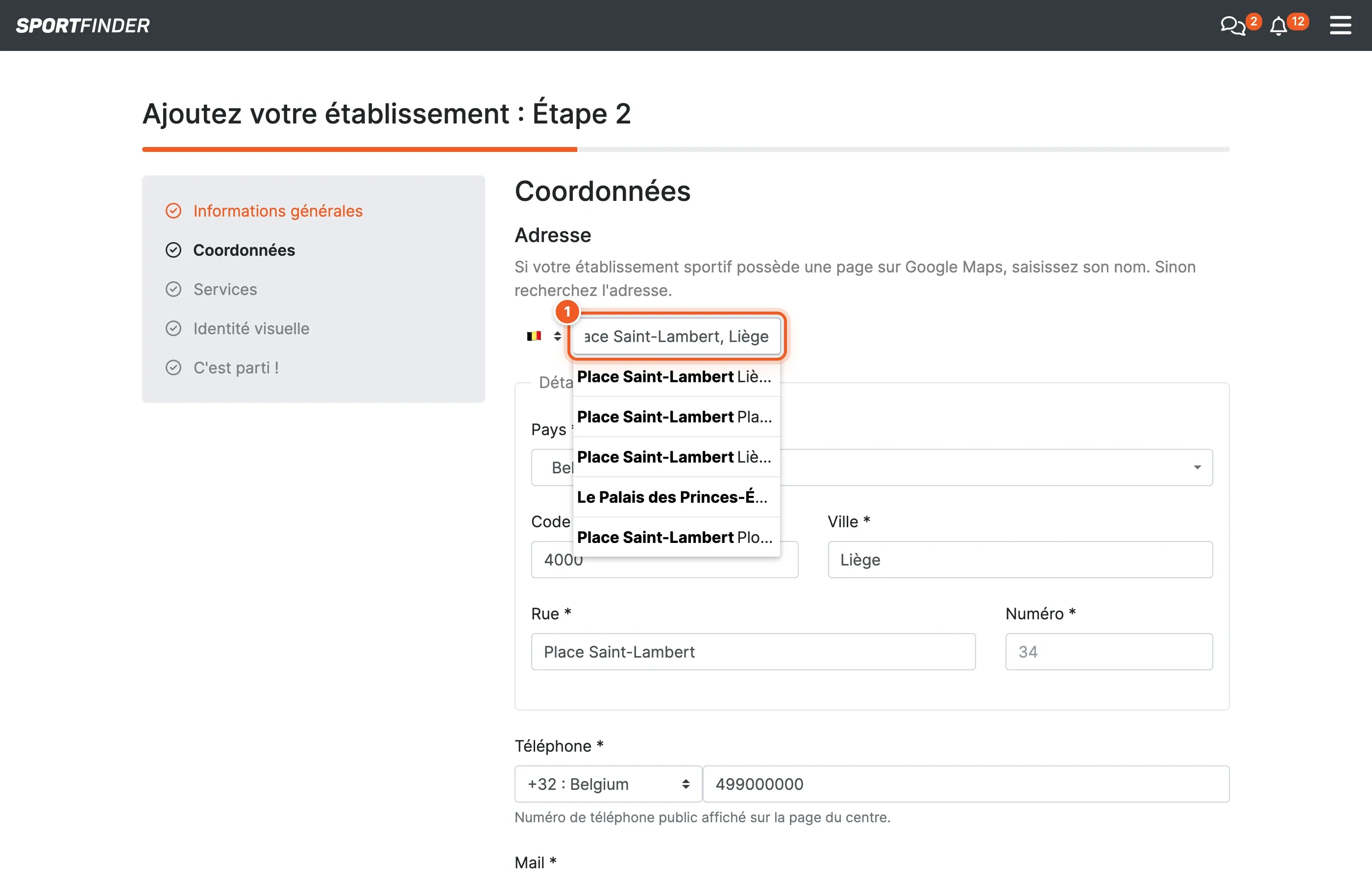 Étape 2 : le champ d'adresse et la liste de suggestions qui s'ouvre pendant la saisie