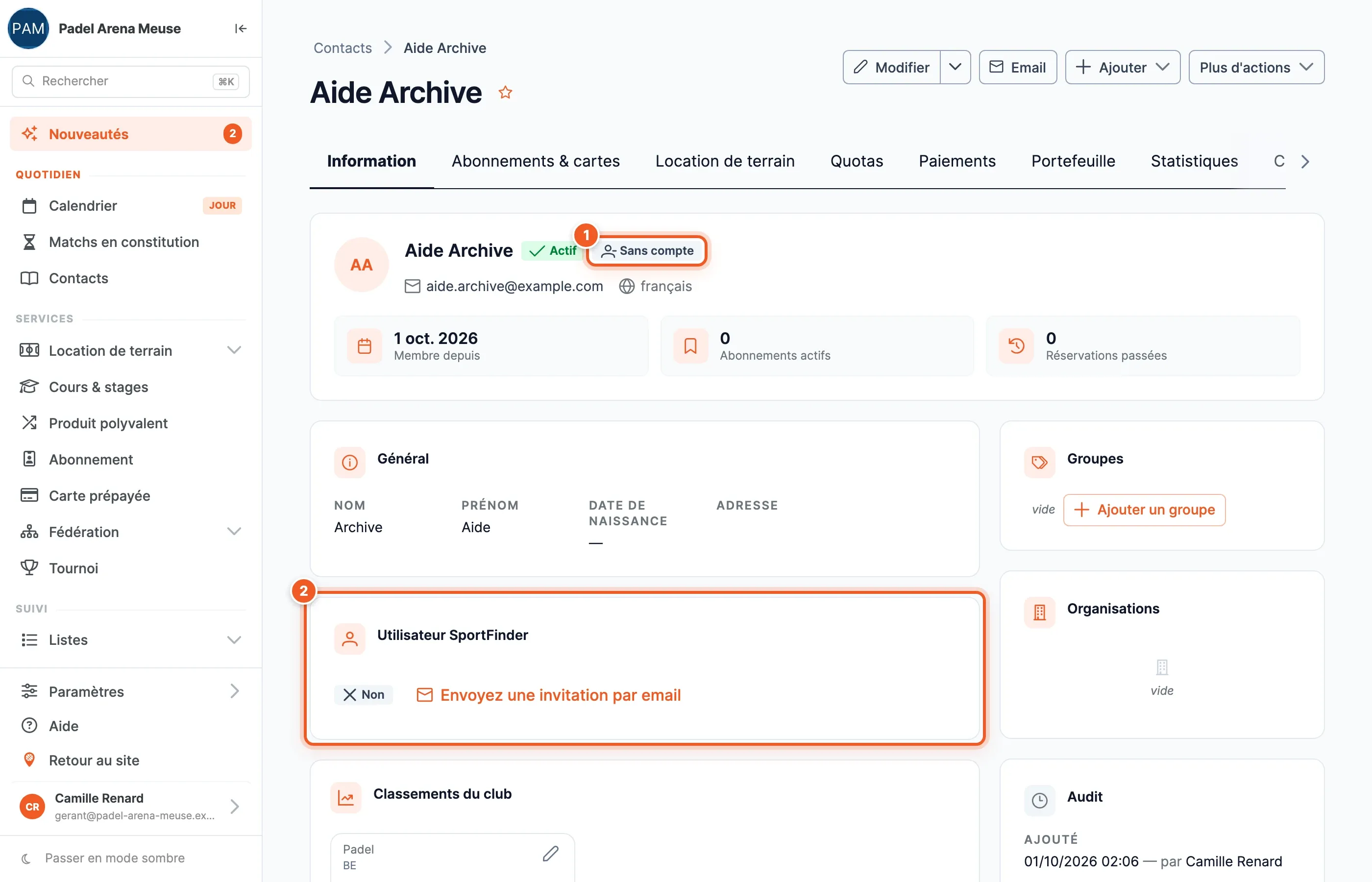 Une fiche sans compte : pastille Sans compte et bouton Envoyez une invitation par email