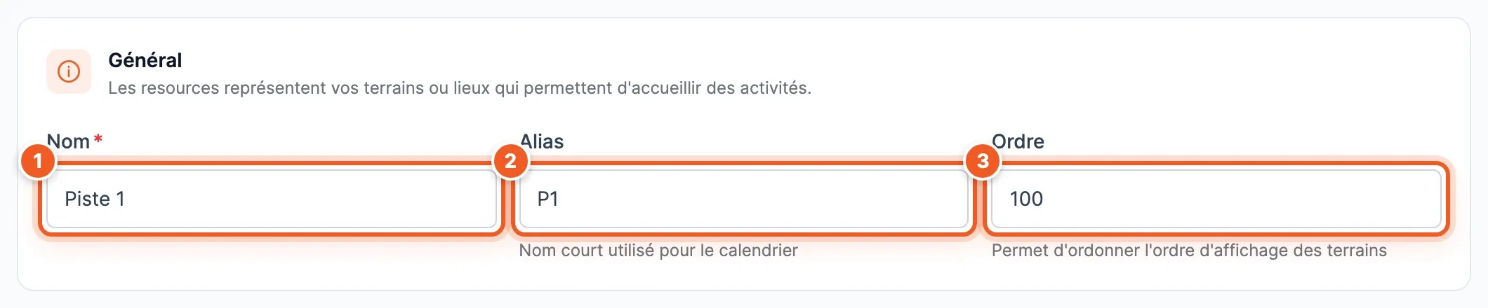 Fiche d’un terrain, section Général : Nom Piste 1 (1), Alias P1 (2), Ordre 100 (3)