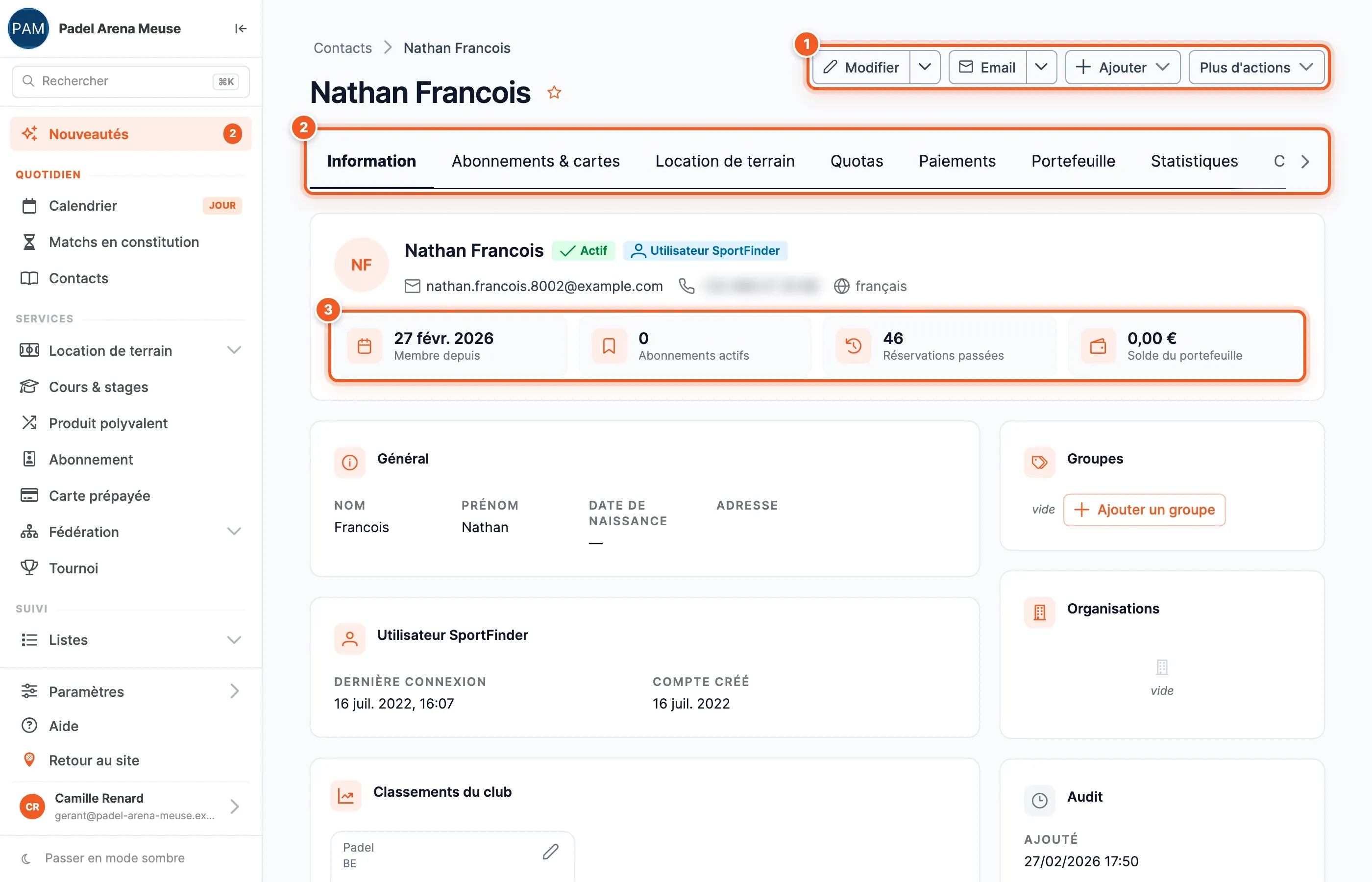 Le haut d’une fiche contact : boutons d’action, onglets et indicateurs