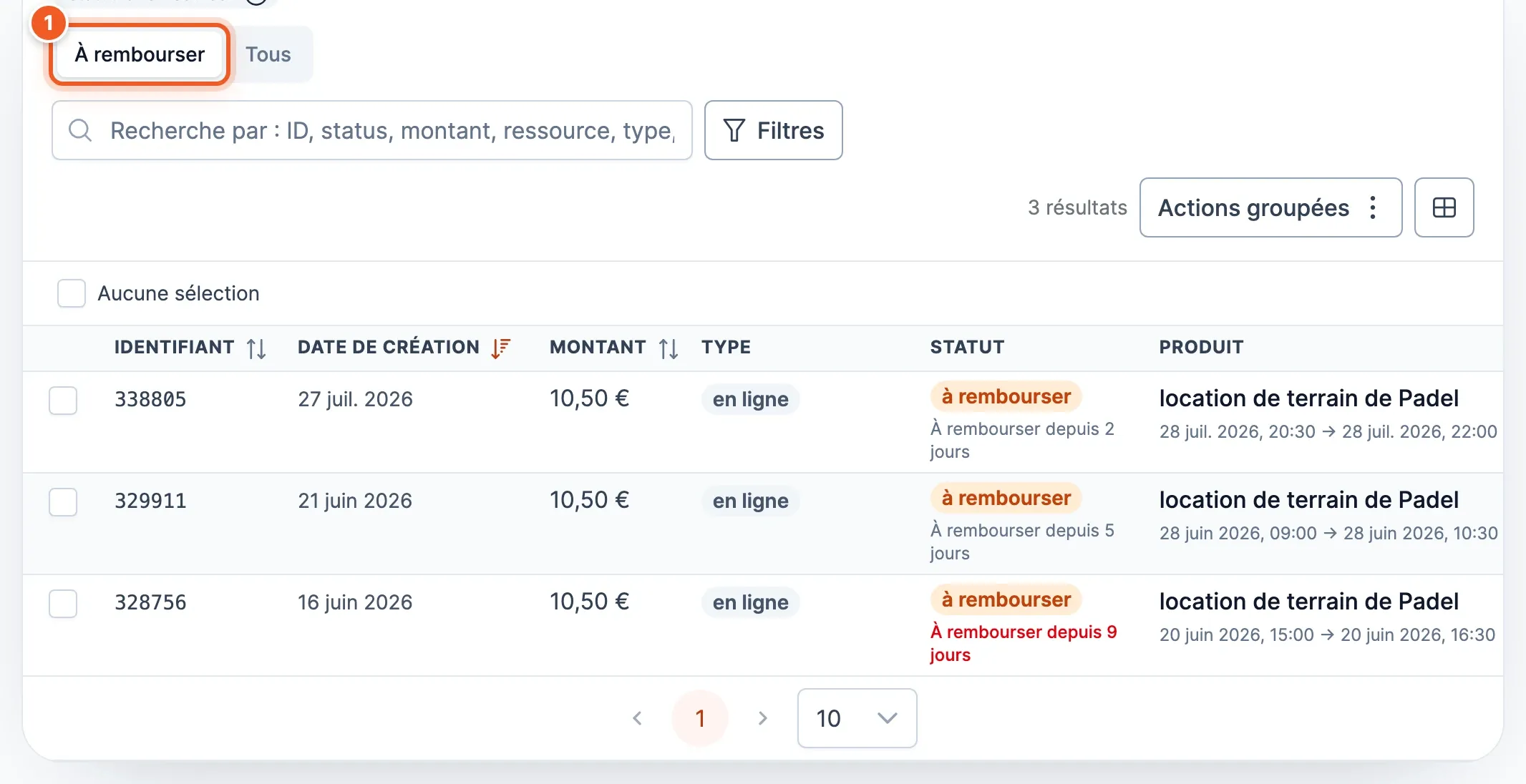 Préréglage « À rembourser » (1) sélectionné : 3 paiements en ligne de 10,50 € attendent, depuis 2, 5 et 9 jours ; la mention « À rembourser depuis 9 jours » est en rouge