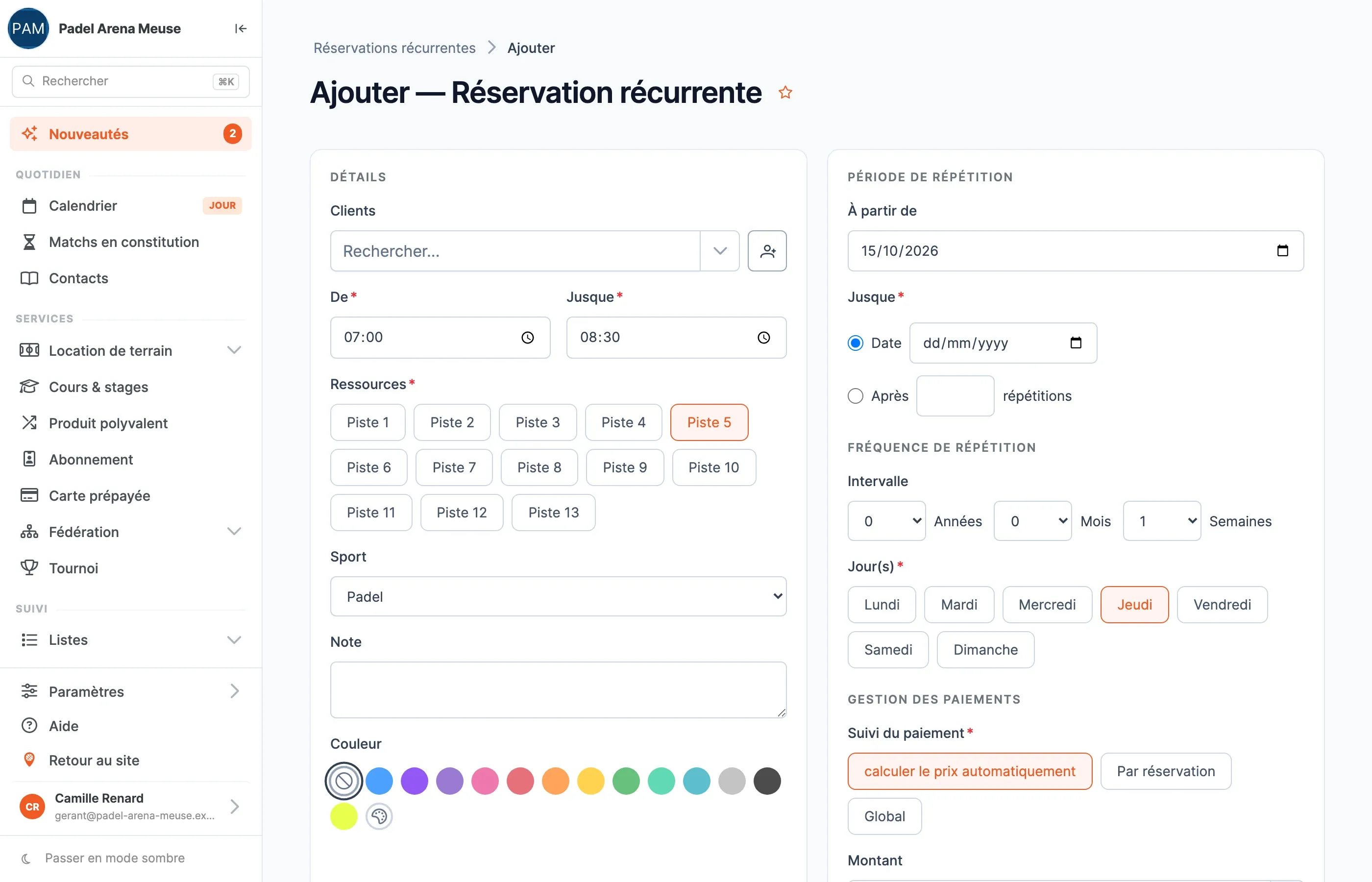 Page Ajouter — Réservation récurrente, blocs Détails et Période de répétition pré-remplis