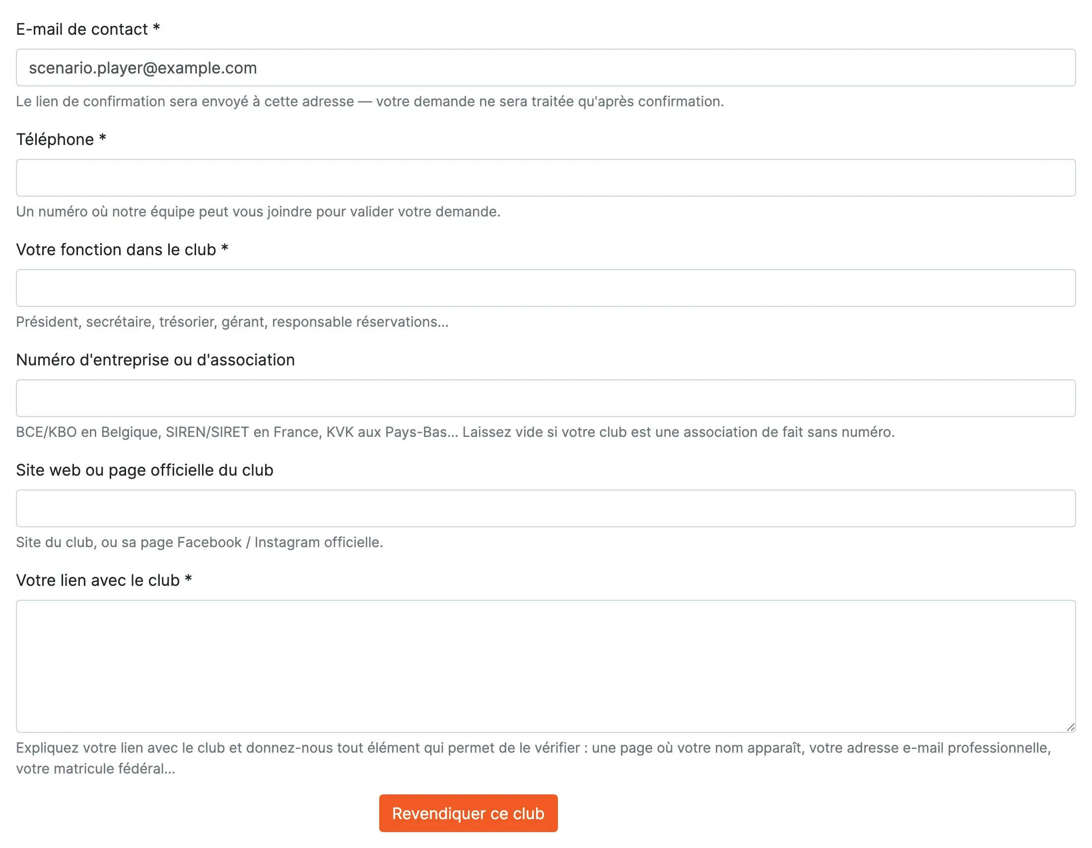Formulaire de revendication : e-mail de contact, téléphone, fonction, numéro d'entreprise, site officiel et lien avec le club