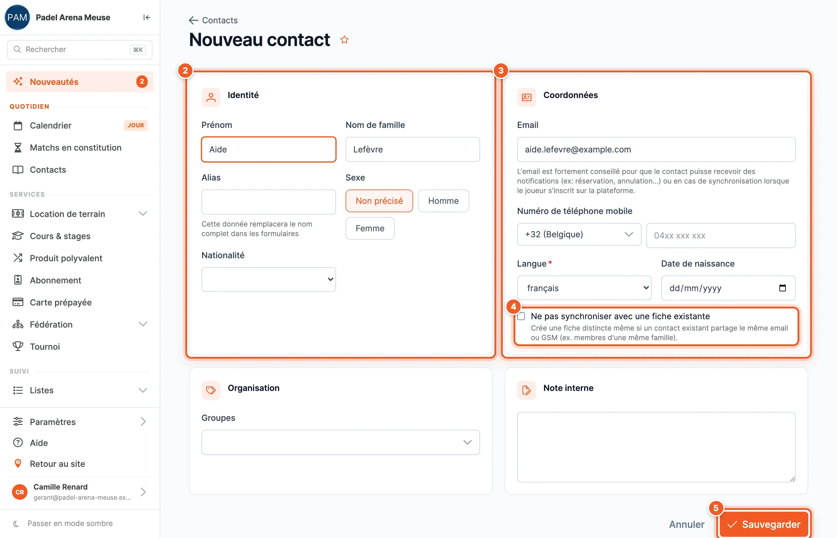 Le formulaire Nouveau contact : Identité, Coordonnées, la case Ne pas synchroniser et le bouton Sauvegarder