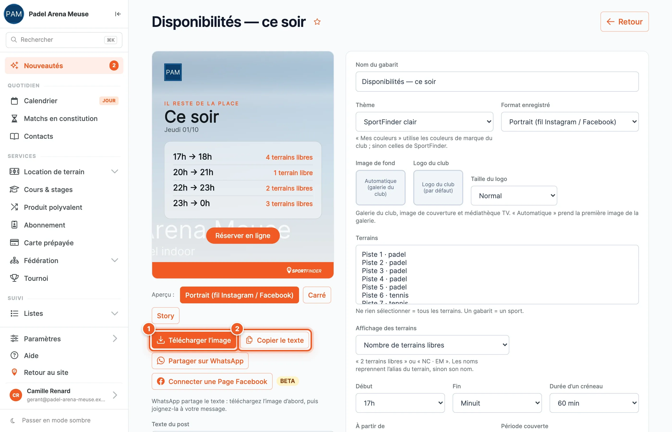 L'éditeur d'un gabarit Disponibilités : l'aperçu de l'image, les formats, les boutons Télécharger l'image (1) et Copier le texte (2), et les réglages à droite