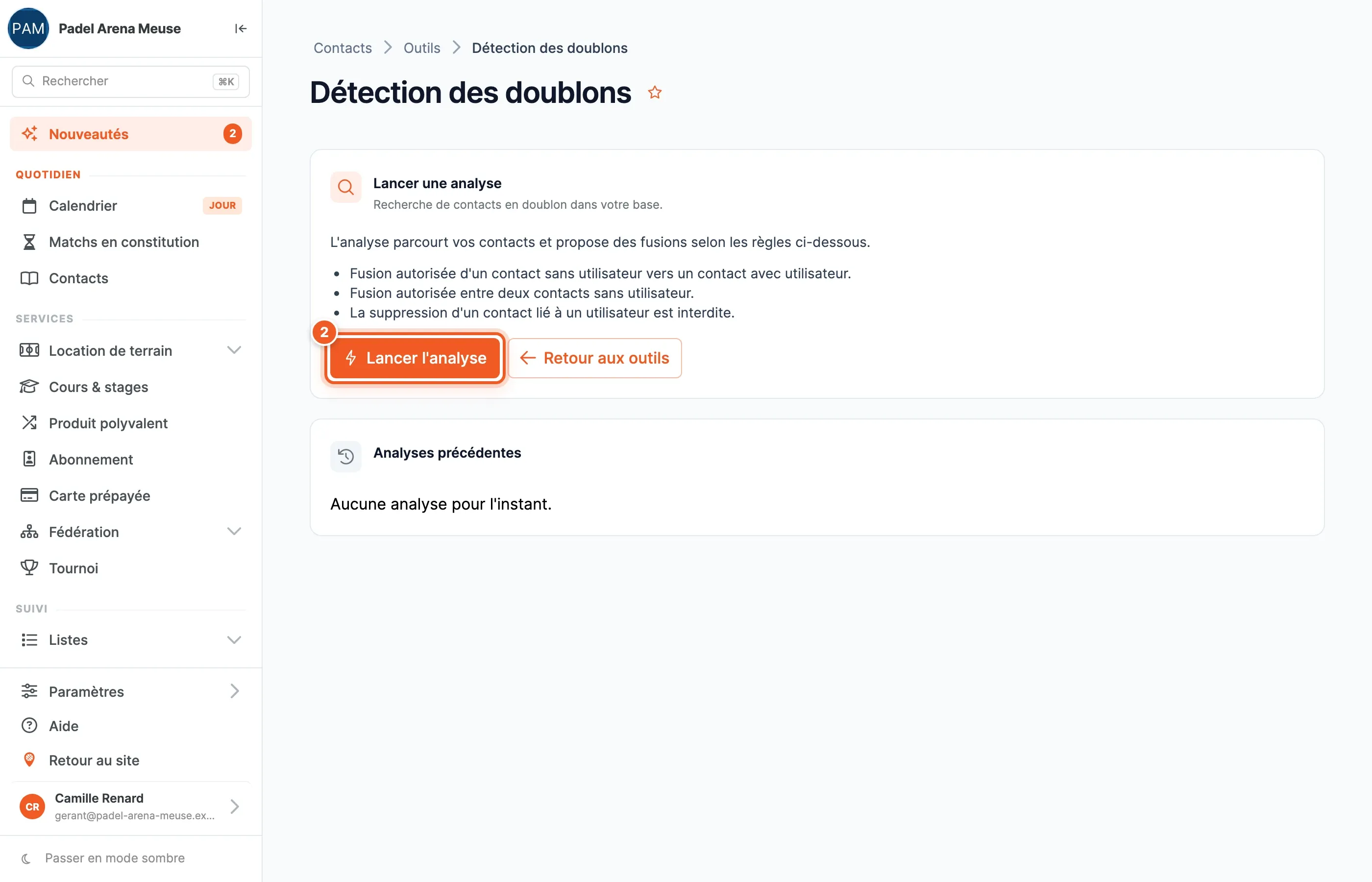 La page Détection des doublons, avec les règles de fusion et le bouton Lancer l’analyse