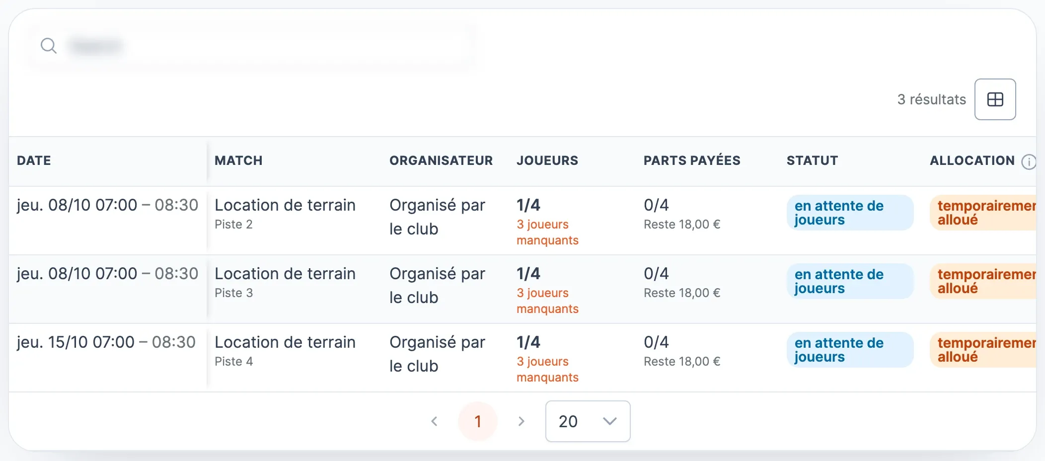 Tableau des matchs en constitution : date, match et terrain, organisateur « Organisé par le club », joueurs (1/4, 3 joueurs manquants), parts payées et statuts