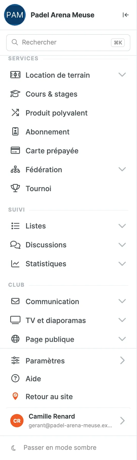 Le menu défilé vers le bas : sections Suivi et Club