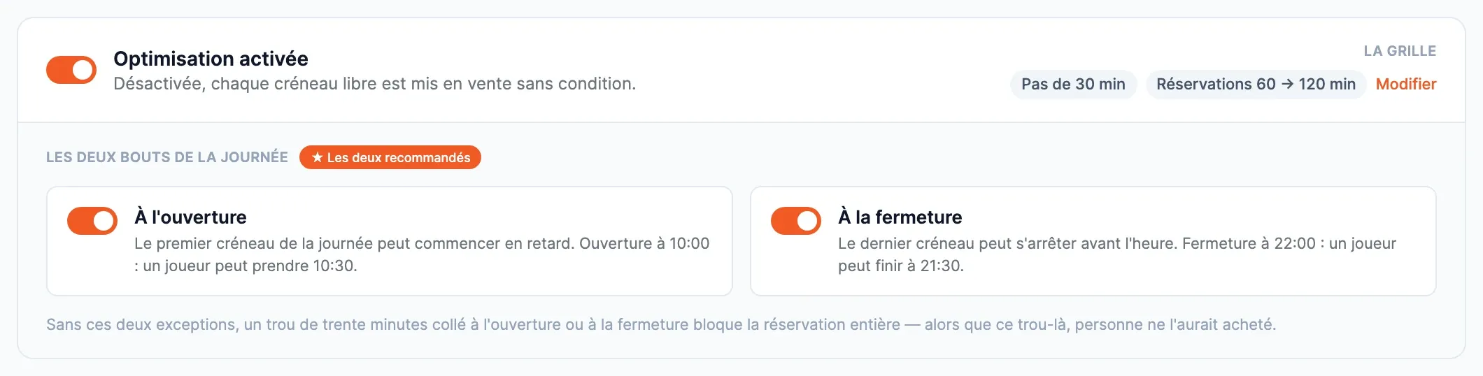Détail : interrupteur Optimisation activée, la grille (Pas de 30 min, Réservations 60 → 120 min) et les interrupteurs À l’ouverture et À la fermeture