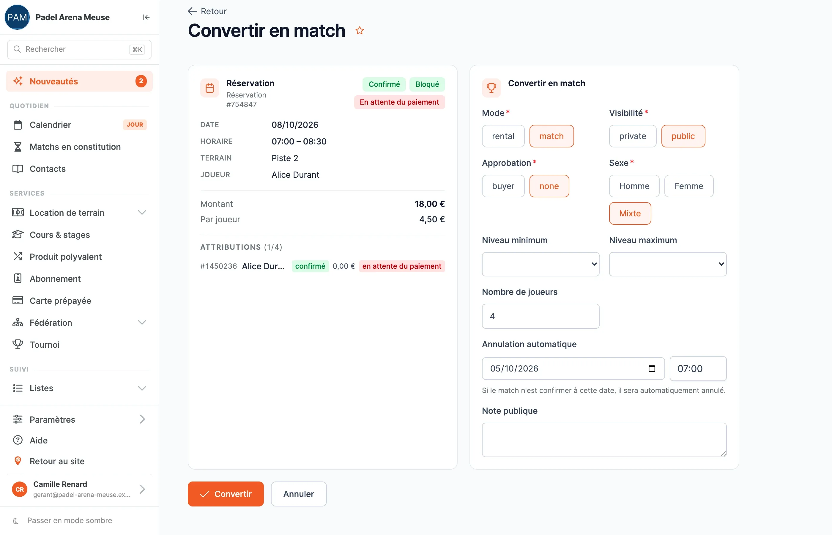 Page « Convertir en match » : résumé de la réservation à gauche, formulaire du match à droite, boutons Convertir et Annuler en bas
