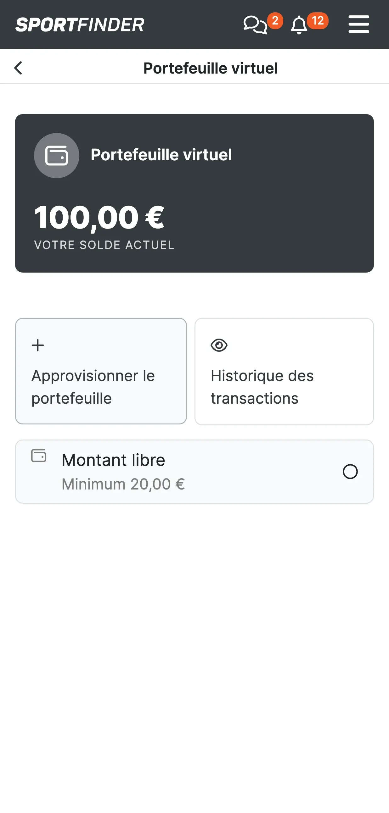 Page du portefeuille virtuel du club : solde de 100,00 €, onglets « Approvisionner le portefeuille » et « Historique des transactions », et l'option « Montant libre — Minimum 20,00 € ».