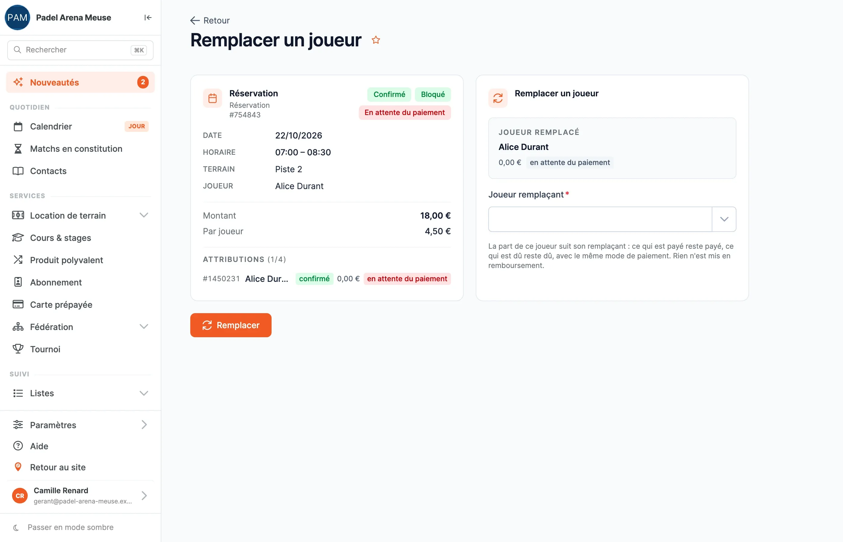 Page Remplacer un joueur : résumé de la réservation et joueur remplacé avec l'état de sa part