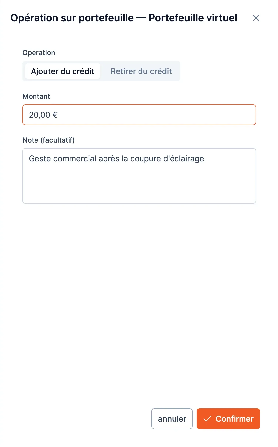 Le panneau Opération sur portefeuille : Ajouter du crédit, 20 €, avec une note