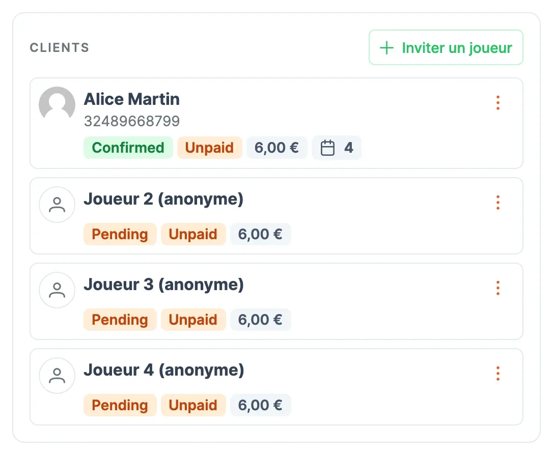 Bloc Clients : chaque joueur avec l'état et le montant de sa part