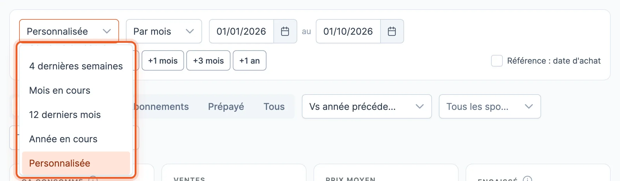 Liste des raccourcis de période ouverte : 4 dernières semaines, Mois en cours, 12 derniers mois, Année en cours et Personnalisée, sélectionnée