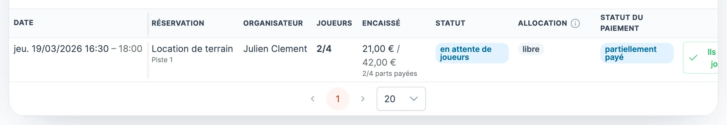 Tableau Réservations passées à clôturer : date, réservation, organisateur, joueurs, montant encaissé et statuts