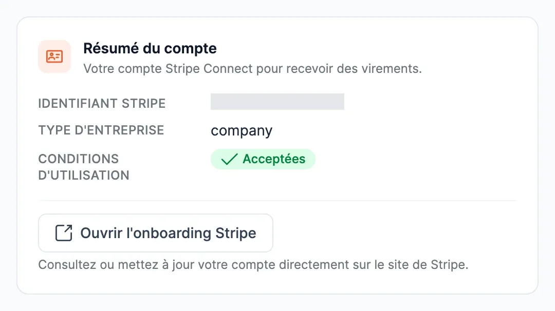 Carte « Résumé du compte » : identifiant Stripe masqué, type d'entreprise, conditions d'utilisation Acceptées