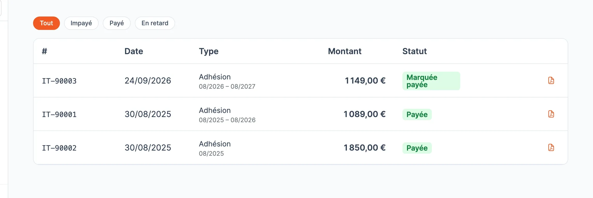 Liste des factures SportFinder : filtres Tout, Impayé, Payé et En retard, puis trois factures d'adhésion avec numéro, date, période, montant, statut (Marquée payée, Payée) et icône PDF