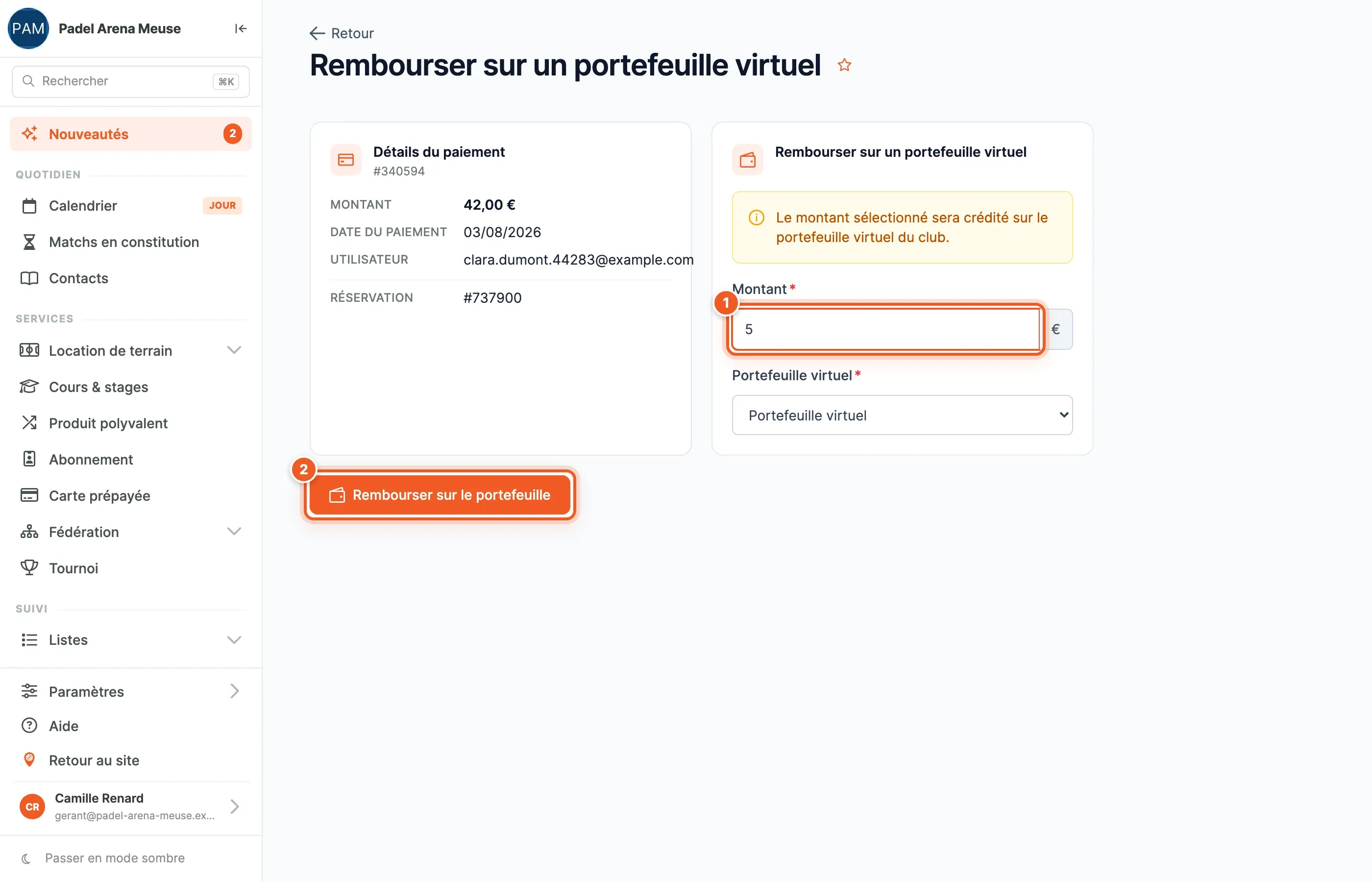 Page « Rembourser sur un portefeuille virtuel » : montant de 5 € saisi (1), portefeuille du club, bouton « Rembourser sur le portefeuille » (2)