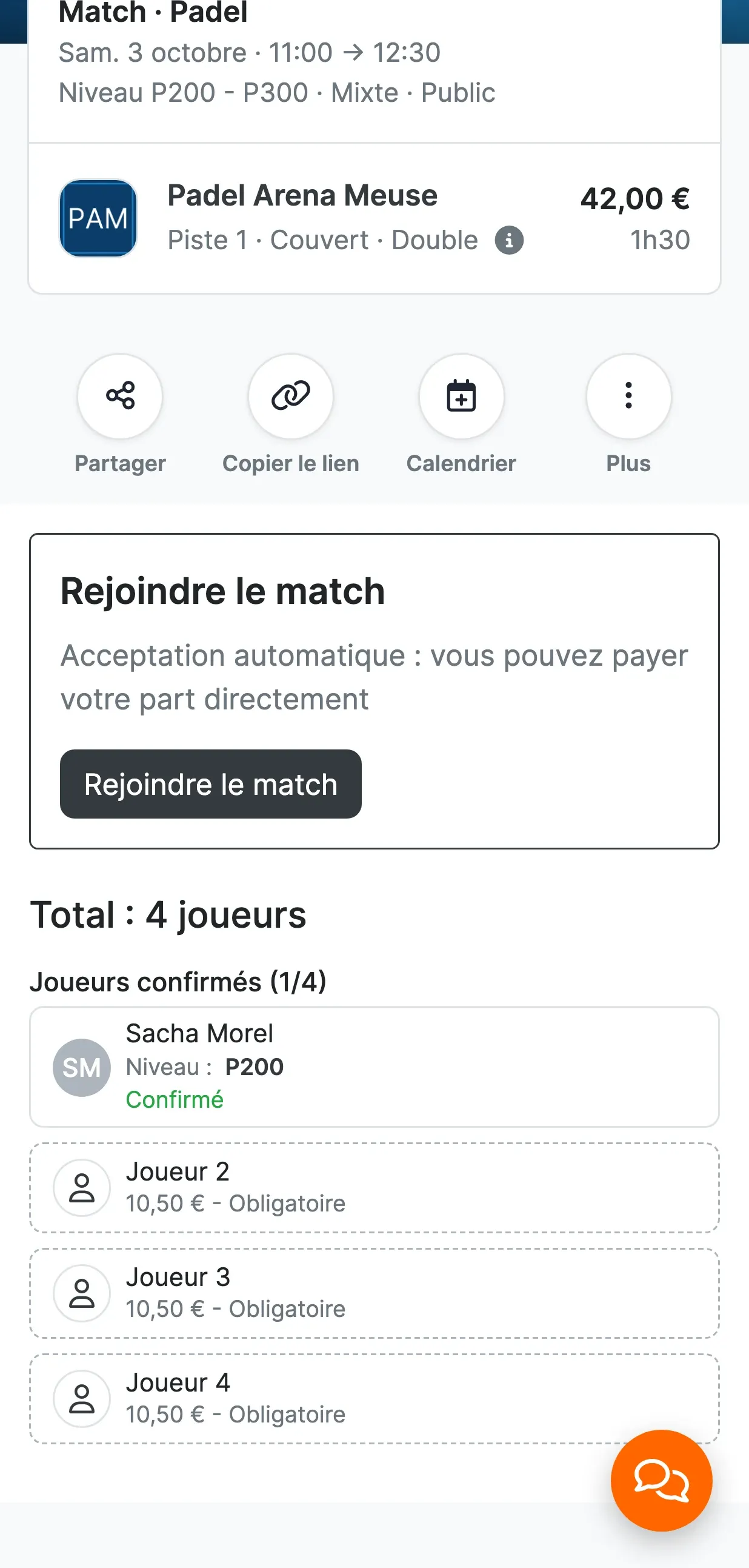 Page du match vue par un joueur qui n'y participe pas encore : Match · Padel, niveau P200 - P300, Mixte, Public, bloc « Rejoindre le match — Acceptation automatique : vous pouvez payer votre part directement » avec le bouton « Rejoindre le match », puis « Joueurs confirmés (1/4) ».