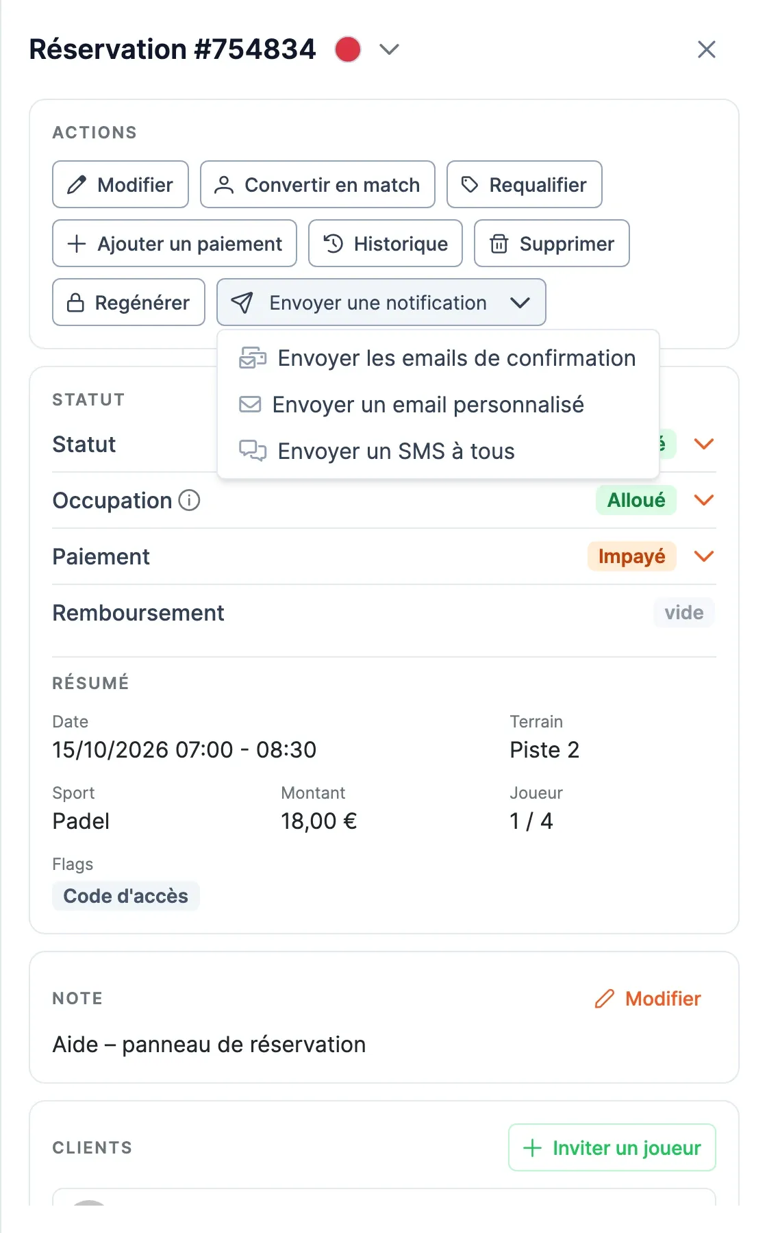 Liste Envoyer une notification dépliée : Envoyer les emails de confirmation, Envoyer un email personnalisé, Envoyer un SMS à tous
