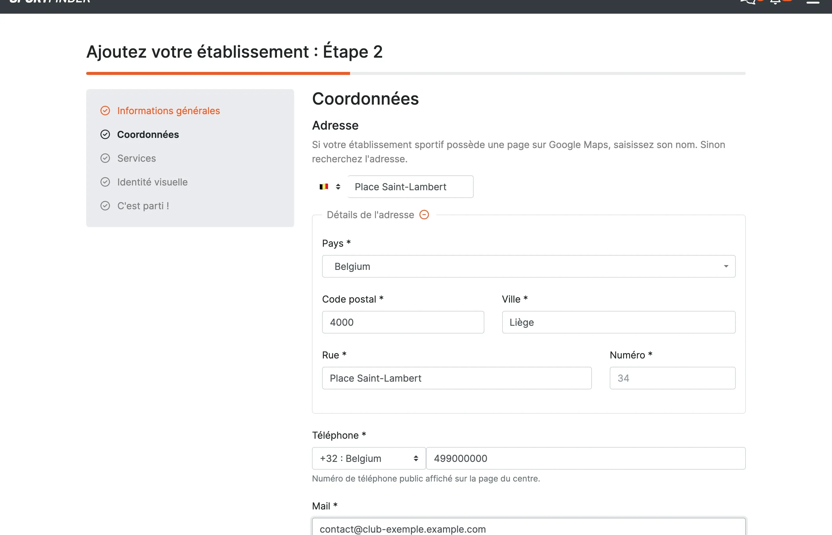 Étape 2 après le choix d'une suggestion : les détails de l'adresse (pays, code postal, ville, rue, numéro) se remplissent seuls ; dessous, le téléphone et l'e-mail du club