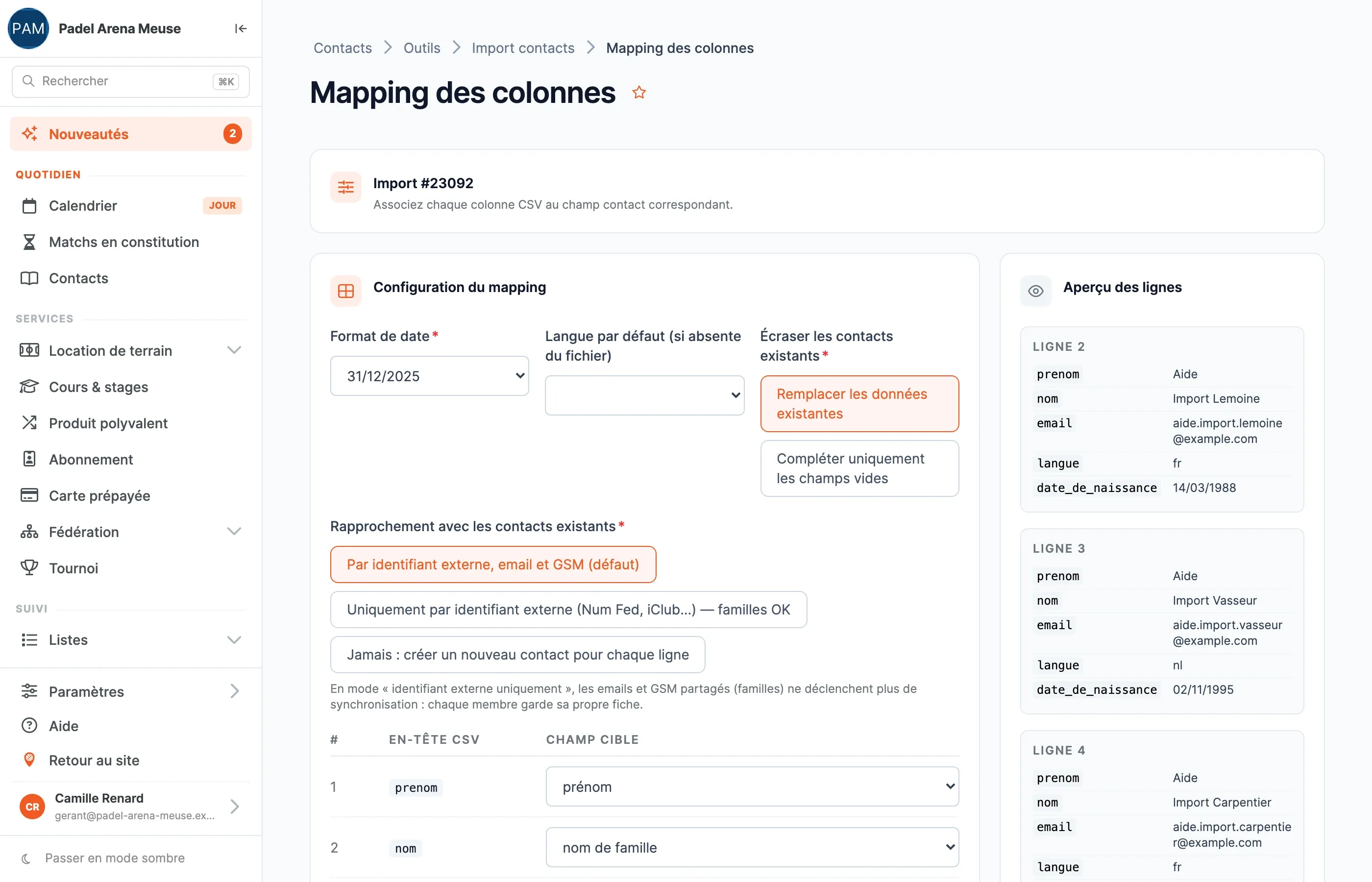 L’écran Mapping des colonnes : réglages de l’import et association des colonnes