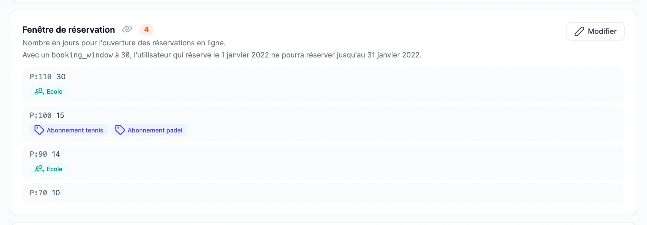 Carte « Fenêtre de réservation » : une valeur par défaut et des valeurs particulières pour le groupe Ecole et pour les abonnés tennis et padel