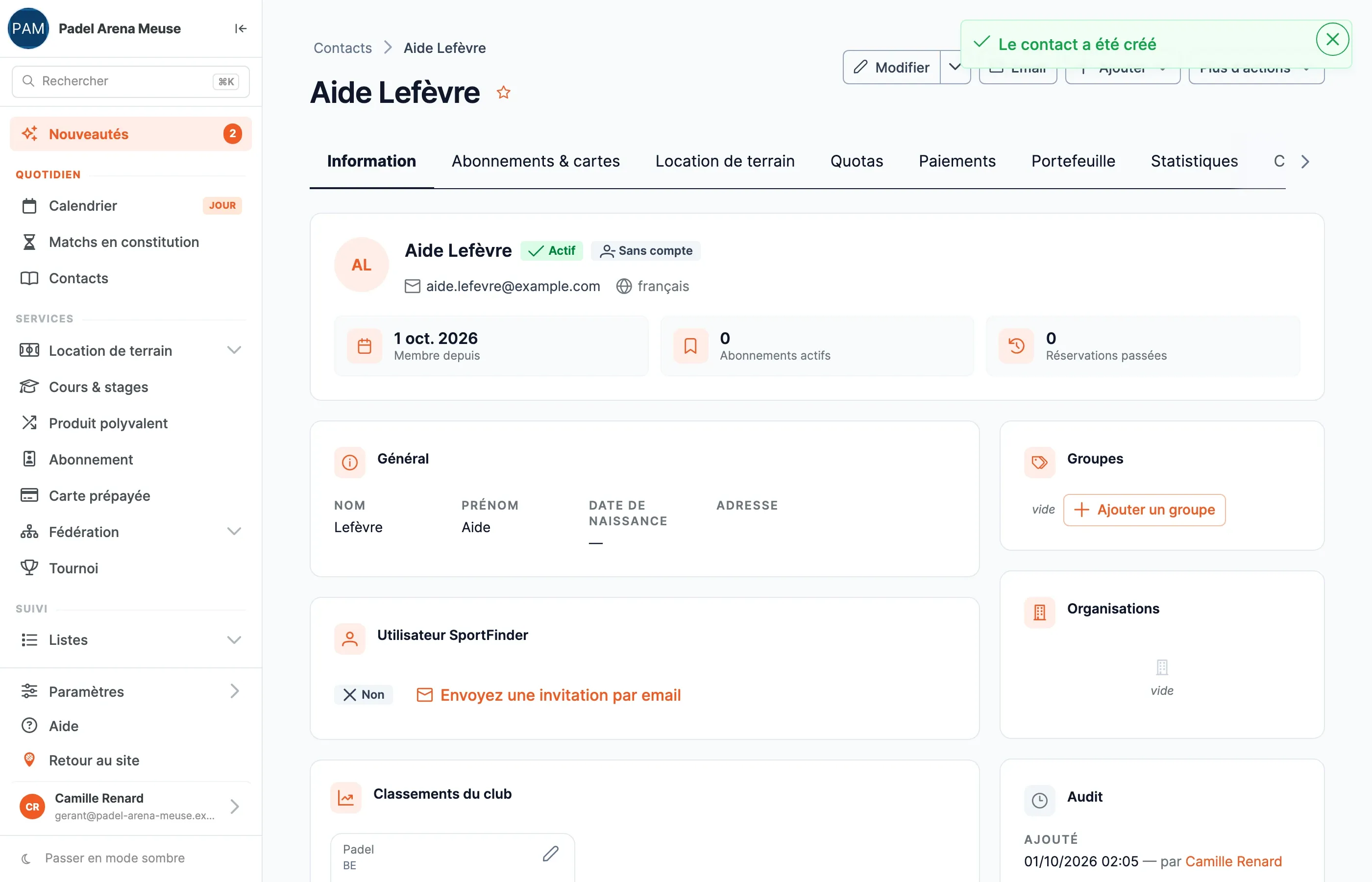 La fiche du contact qui vient d’être créé