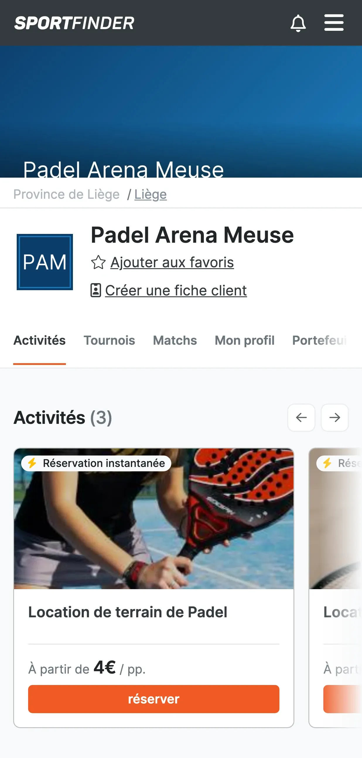Fiche publique du club Padel Arena Meuse ouverte directement depuis la recherche : nom, logo, « Ajouter aux favoris » et les onglets Activités, Tournois, Matchs, Mon profil, Portefeuille.