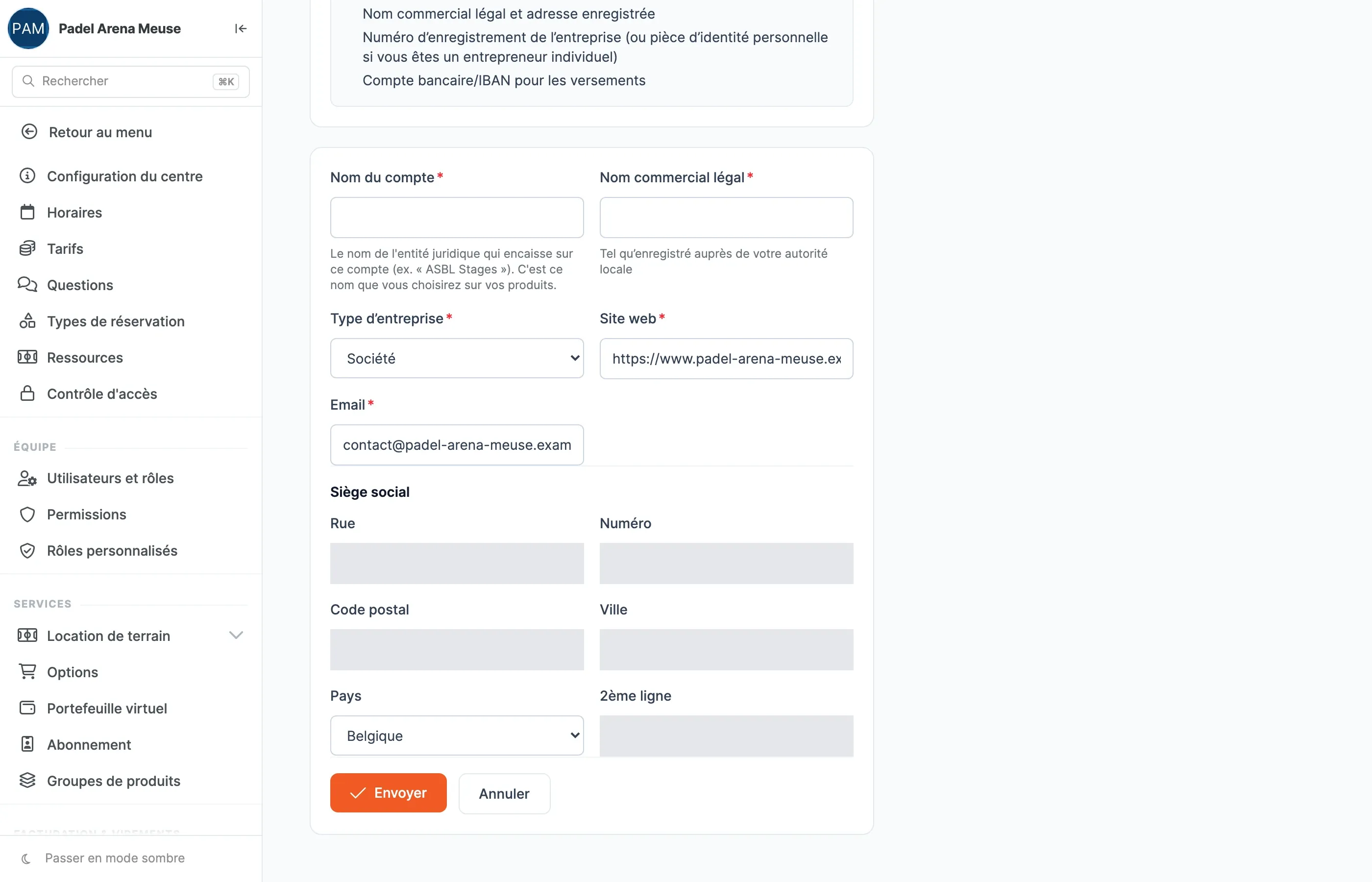 Formulaire de compte de versement Stripe, ici pour un compte supplémentaire (d'où le champ Nom du compte) : nom commercial légal, type d'entreprise, site web, e-mail, siège social (masqué) et bouton Envoyer