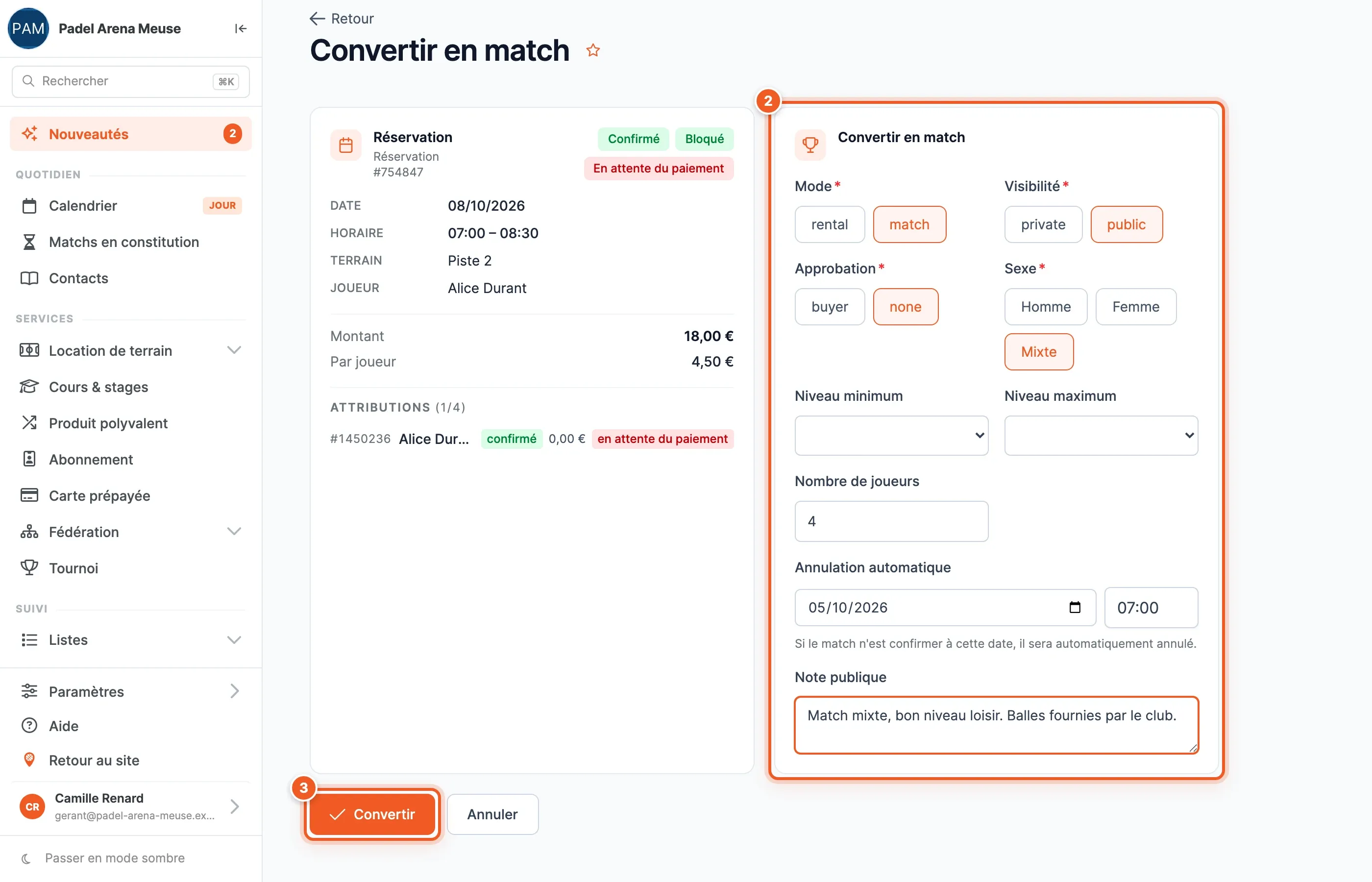 Formulaire rempli (repère 2 : match mixte et note publique) et bouton Convertir repéré par le chiffre 3