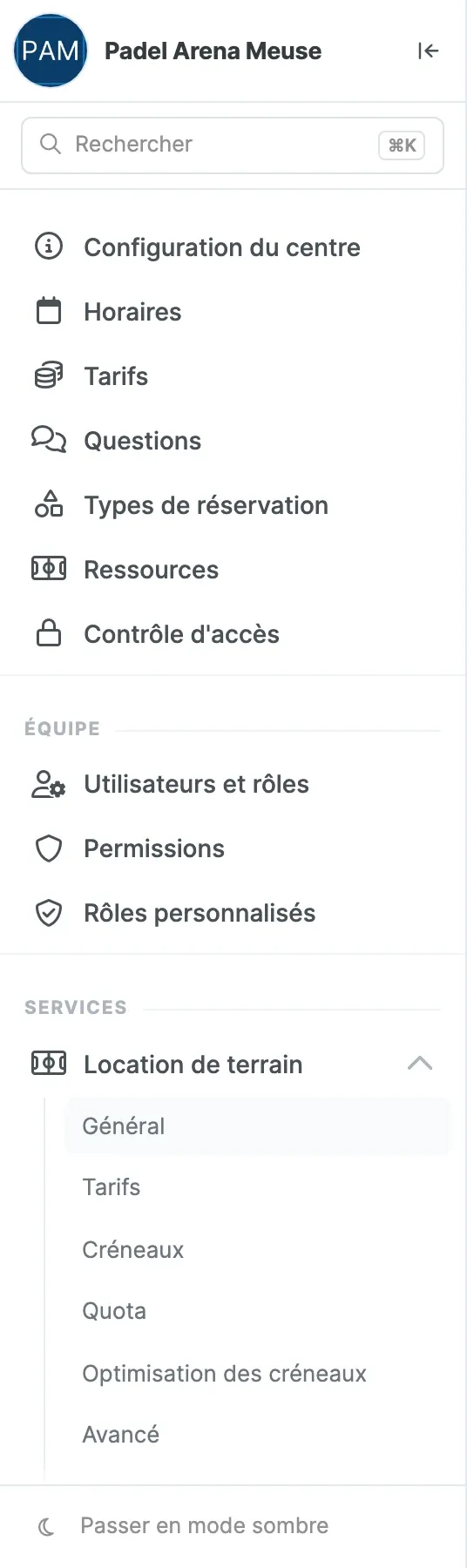 Menu Paramètres, branche Location de terrain dépliée : Général, Tarifs, Créneaux, Quota, Optimisation des créneaux, Avancé…