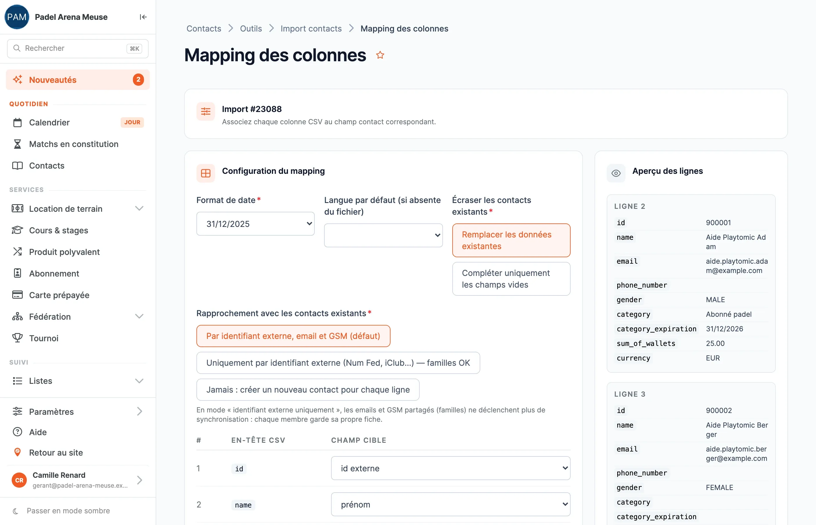 Le mapping d’un export Playtomic : colonnes reconnues et mode de rapprochement