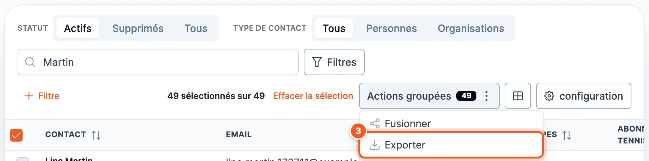 Le menu Actions groupées avec Exporter