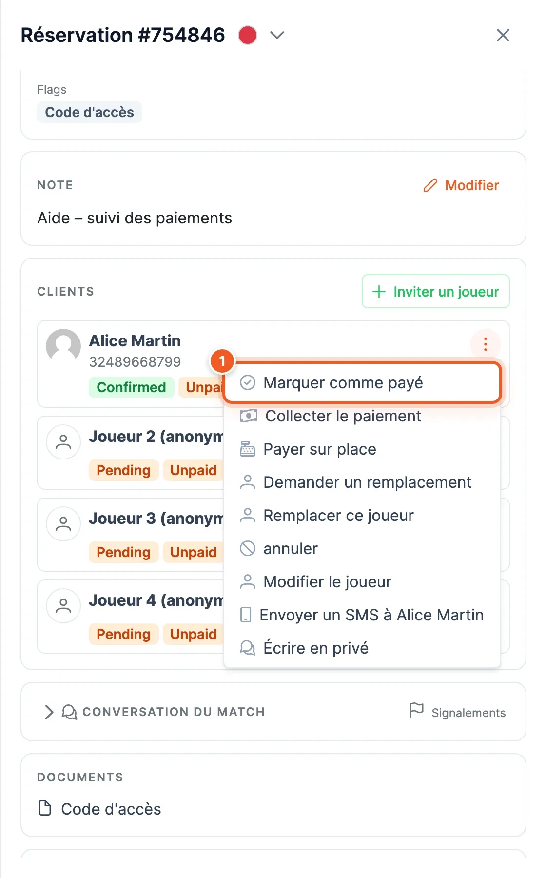 Menu d'un joueur ouvert, action Marquer comme payé repérée par le numéro 1