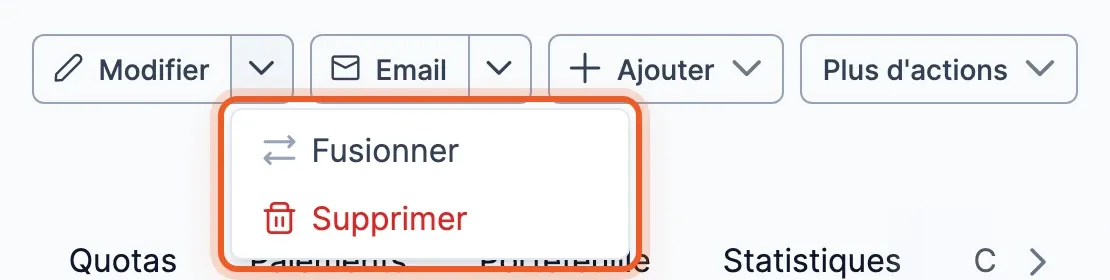 Le menu du bouton Modifier : Fusionner et Supprimer
