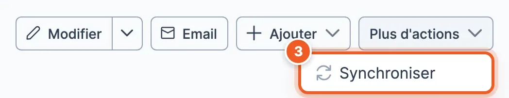 Le menu Plus d’actions d’une fiche, avec Synchroniser