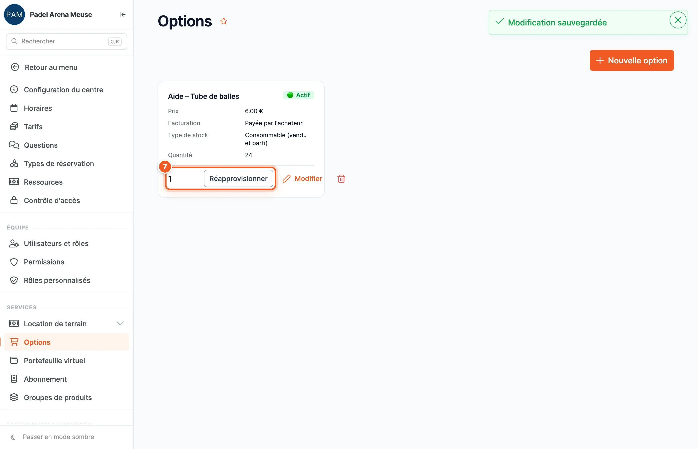 Liste des options : l'option « Aide – Tube de balles » active, à 6,00 €, payée par l'acheteur, consommable, quantité 24, avec son champ de réapprovisionnement (7), « Modifier » et la corbeille.