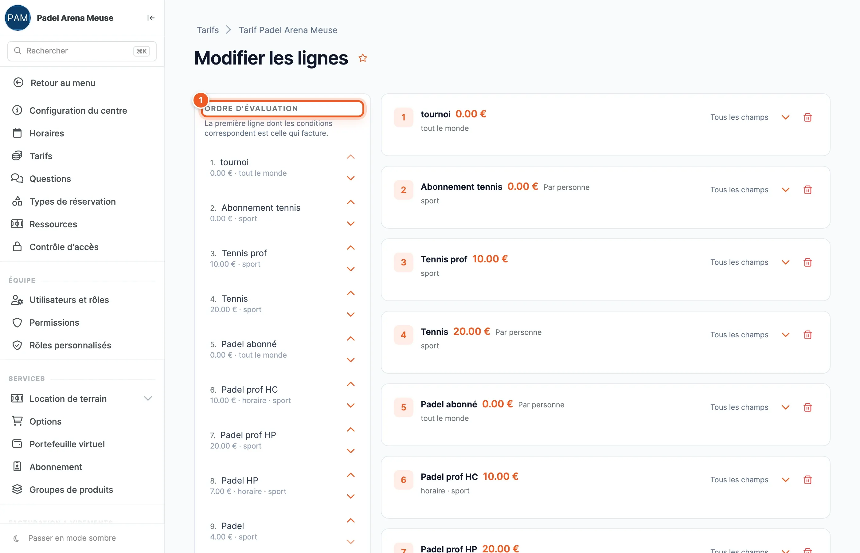 Page Modifier les lignes : la colonne Ordre d’évaluation (1) avec les flèches pour monter ou descendre chaque ligne, et le détail des lignes à droite
