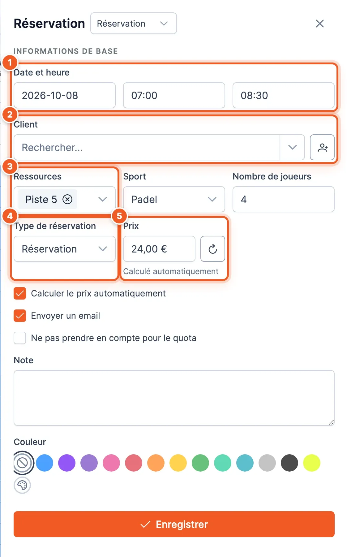 Panneau Réservation : Date et heure (1), Client (2), Ressources (3), Type de réservation (4), Prix (5)