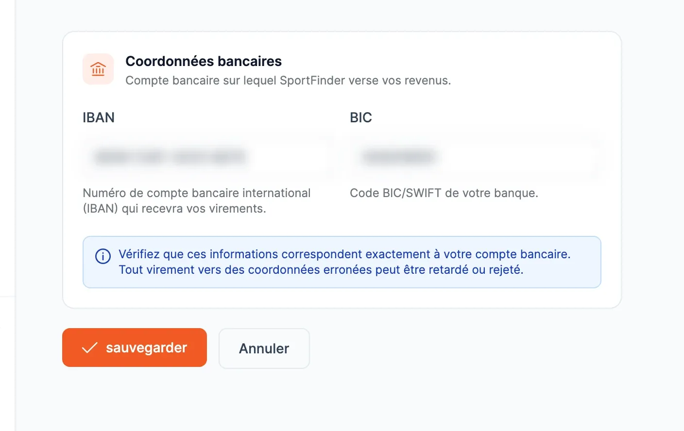Page « Paramètres de virement » : carte Coordonnées bancaires avec les champs IBAN et BIC (floutés) et le rappel de vérifier ces informations