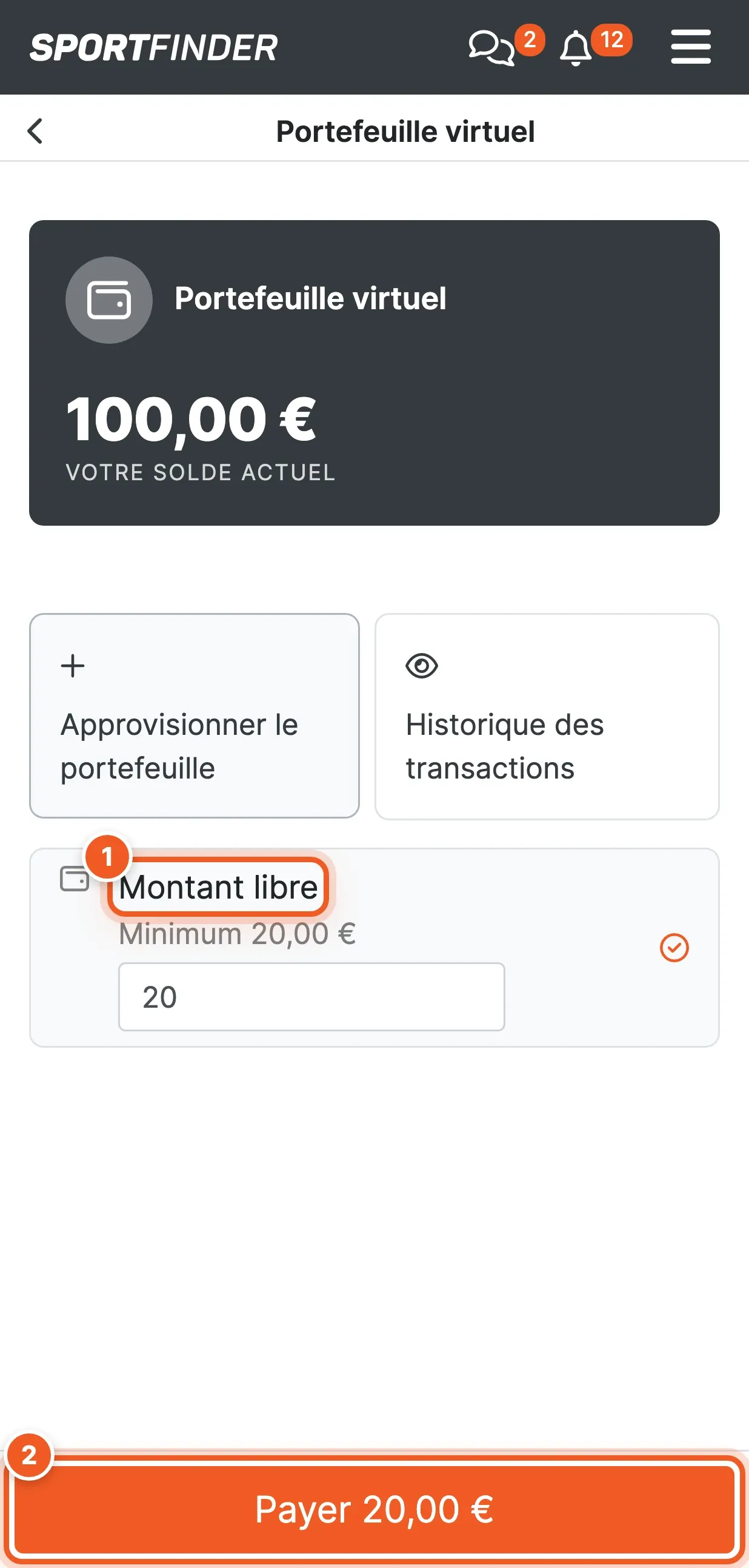 Recharge en montant libre : l'option « Montant libre » sélectionnée (numéro 1) avec le champ du montant, et le bouton « Payer 20,00 € » (numéro 2).