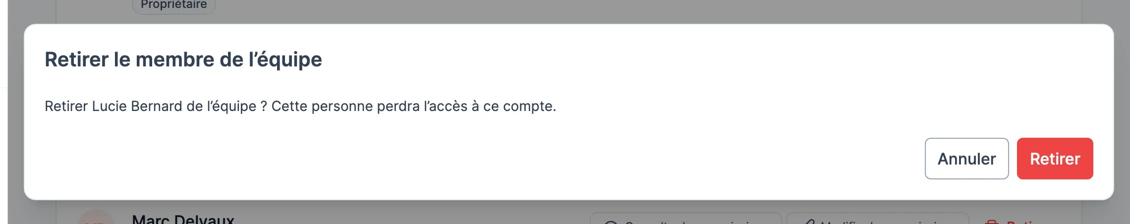 Fenêtre Retirer le membre de l'équipe, avec le message de confirmation et les boutons Annuler et Retirer