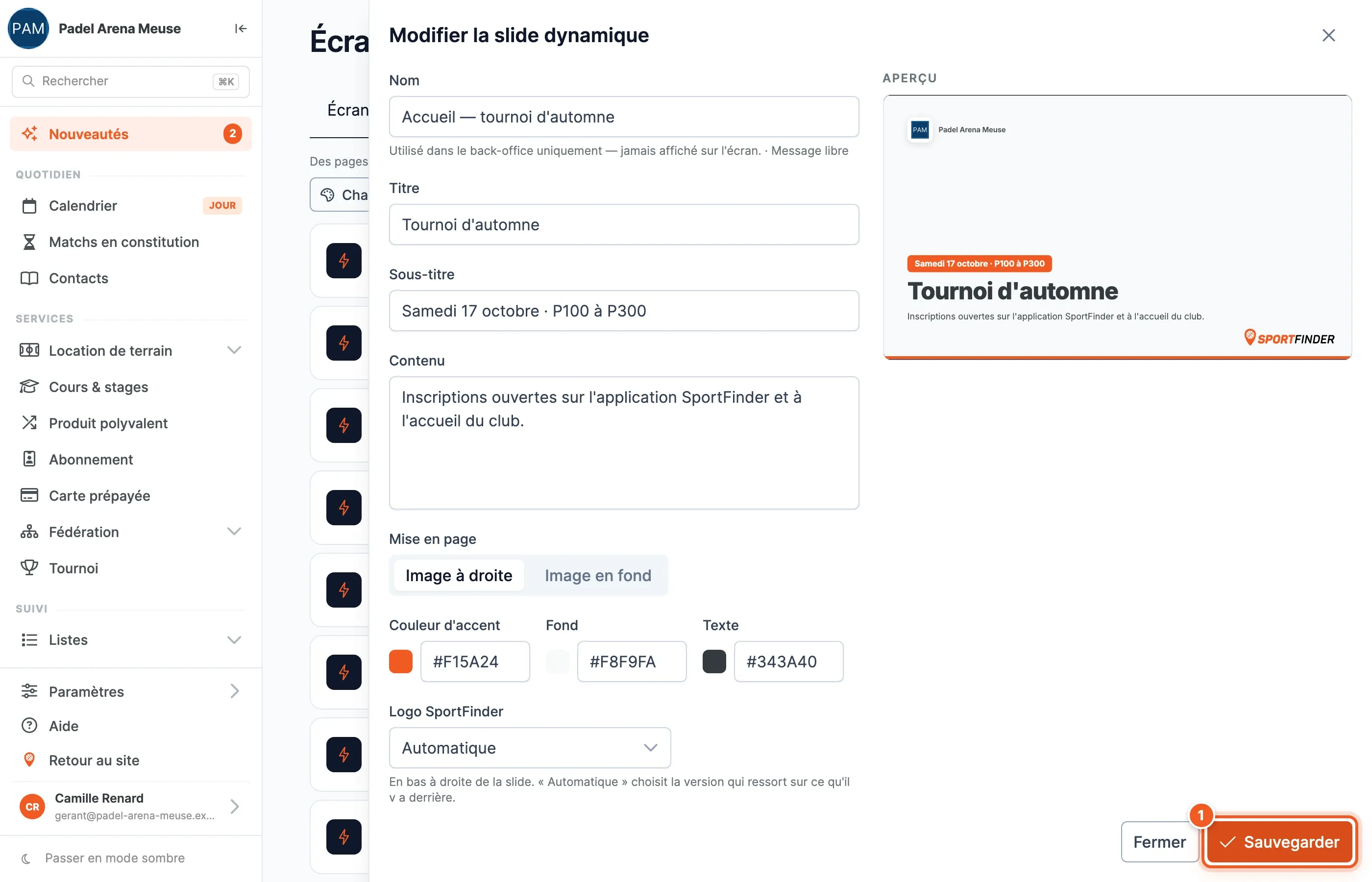 Le panneau Nouvelle slide dynamique pour un Message libre : nom, titre, sous-titre, contenu, mise en page et couleurs à gauche, aperçu de la slide à droite