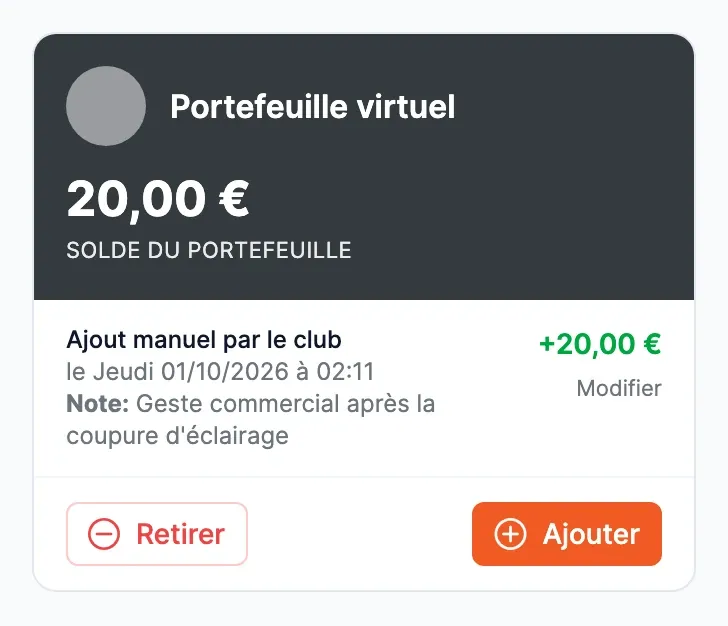 La carte du portefeuille créditée de 20 €, avec la ligne Ajout manuel par le club